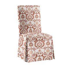 an upholstered chair with a red and white pattern