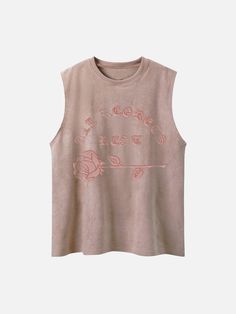 Gothic Alphabet Rose Suede Vest - Anagoc Trendy Rose Print Tops For Summer, Chic Summer Tops With Rose Print, Chic Rose Print Tops For Summer, Rose Print Tops For Spring, Rose Print Sleeveless Tops For Summer, Rose Print Tops For Summer, Sleeveless Rose Print Tops For Summer, Trendy Rose Print Tops For Spring, Rose Color Crew Neck Top With Rose Print