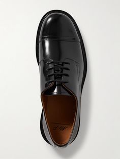 DESIGNED BY MR PORTER. You'll reach for Mr P.'s 'Jacques' Derby shoes for years to come. They're crafted from glossy leather with toe cap detailing and are set on sturdy Vibram soles. Bottega Veneta Derby Shoes, Black Patent Leather Dress Shoes With Stitched Sole, Black Patent Leather Oxfords With Stitched Sole, Classic Low-top Patent Leather Shoes, Sleek Black Leather Oxfords, Classic Patent Leather Shoes With Contrast Sole, Classic Low-top Patent Leather Dress Shoes, Sleek Black Leather Shoes With Rubber Sole, Sleek Black Oxfords With Rubber Sole