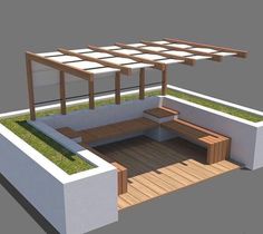 an outdoor seating area with wooden benches and grass growing on the roof top, is shown in this 3d image