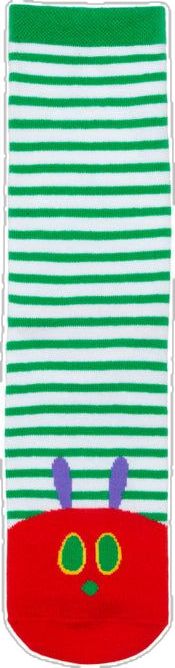 a green and white striped towel with an image of a red cat on it's face