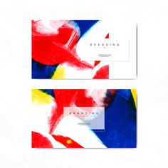 two business cards with abstract designs on the front and back side, both in red white blue and yellow