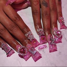 Y2k Junk Nails, Flare Nails Acrylics, Kawaii Junk Nails, Long Y2k Nails, Junk Duck Nails, Pink Junk Nails, Duck Nails Y2k, Kawaii Nails Acrylic, 2000s Nails Acrylic