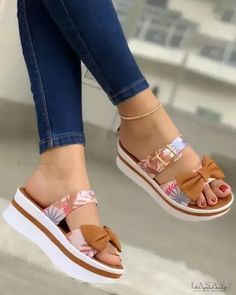 Lasaky - Bowknot Decor Tropical Buckle Sandals Flat Platform Sandals, Cut Shoes, Orthopedic Sandals, Fashion Shoes Sandals, Ladies Sandals, Womens Sandals Wedges, Sandals Wedges, Toe Nail Designs, Heel Slippers