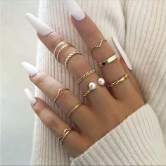 Make A Bold Fashion Statement With This 10-Piece Ring Set. Wear Just A Few Or All Of The Pieces Together To Create A Look That’s All Your Own. Hollow Ring, Midi Ring Set, Gold Color Ring, Geometric Heart, Bezel Set Ring, Geometric Ring, Gold Ring Sets, Matching Rings, Chain Ring