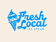 the logo for fresh local ice cream is blue and has an ice cream cone on it