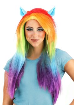 PRICES MAY VARY. Size: Standard 100% polyester synthetic hair Mesh wig cap has elastic edge for snug fit Styled w/ side part & long waves Each ear is attached to a metal alligator clip How about sporting the same kind of style as everyone's favorite sporty hero!? With this officially licensed Rainbow Dash Wig, you can make your My Little Pony costume dreams come true. This wig is a mesh cap with vivid synthetic fibers that are inspired by your favorite loyal Pony. Blue plastic ears clip to the t Rainbow Dash Hair, Pony Costumes, My Little Pony Cosplay, My Little Pony Tattoo, My Little Pony Rainbow Dash, Fun Costumes, Rainbow Wig, My Little Pony Costume, Rainbow Hair Color