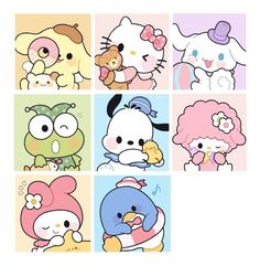 hello kitty and other cartoon characters are depicted in the same square pattern, each with different expressions