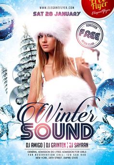 winter sound flyer template with woman in white fur hat and disco balls on blue background