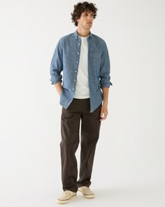 J.Crew: Organic Cotton Chambray Shirt In One-year Wash For Men Denim Shirt Outfit, Shirt Outfit Men, Mens Casual Outfits Summer, Men's Casual Shirts, Teen Boy Outfits, Black Men Street Fashion, Outfits Hombre, Denim Shirt Men, Men Street Fashion