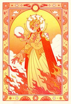 an illustration of a woman holding a flame in her hand and the sun above her head