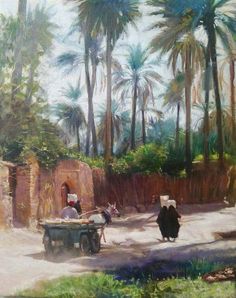 an oil painting of people walking down a street with palm trees in the back ground