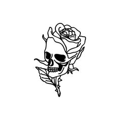 a black and white drawing of a skull with a rose