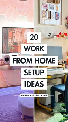 there are two different pictures with the words work from home setup ideas on top of them