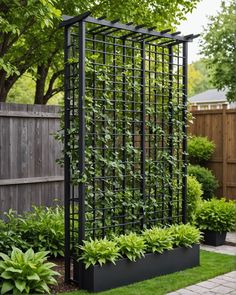 an outdoor trellis with plants growing on it in the middle of a garden area