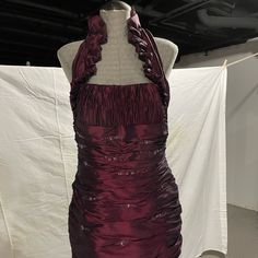 Size 12 Long Women’s Dress Color Burgundy Worn Once Holiday Formal Ruched Dresses, Elegant Burgundy Ruched Mini Dress, Elegant Ruched Mini Dress For Holidays, Luxury Fitted Ruched Evening Dress, Burgundy Silk Dress For Party, Burgundy Fitted Bodice Dress, Burgundy Silk Party Dress, Burgundy Dresses With Fitted Bodice, Fitted Bodice Burgundy Dresses