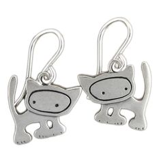 Cat Earrings - Sterling Silver Little Punk Cat Earrings Silver Cat Design Dangle Earrings, Whimsical Sterling Silver Hypoallergenic Jewelry, Cute Silver Drop Earrings, Cute Nickel-free Metal Earrings, Cute Nickel Free Metal Earrings, Cute Silver Cat Design Earrings, Whimsical Silver Hypoallergenic Earrings, Sterling Silver Cat Design Earrings For Gift, Hypoallergenic Silver Cat Ears Jewelry