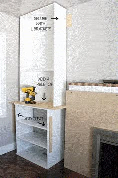 a room that has some shelves with tools on it and instructions for how to use them