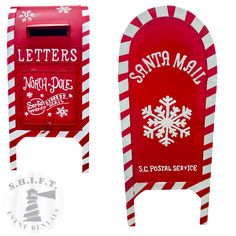 a red and white striped mailbox with snowflakes on the front, and santa mail in the back