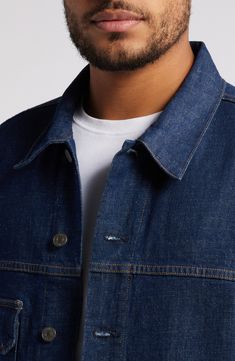 A hint of stretch helps this staple denim jacket get softer with each wear while its boxy silhouette underscores its vintage vibe. 26" length Front button closure Spread collar Chest button-flap patch pocket; side-seam pockets Button cuffs Adjustable button side tabs 99% cotton, 1% elastane Machine wash, tumble dry Made in the USA of imported fabric Classic Medium Wash Outerwear With Patch Pockets, Classic Medium Wash Outerwear With Flap Pockets, Classic Relaxed Fit Denim Jacket With Patch Pockets, Classic Relaxed Fit Denim Jacket With Buttons, Classic Relaxed Fit Single Breasted Denim Jacket, Classic Denim Utility Jacket With Patch Pockets, Unstructured Denim Outerwear With Button Closure, Classic Dark Wash Outerwear For Everyday, Classic Denim Blue Outerwear For Everyday