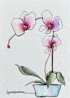 a watercolor painting of three flowers in a pot