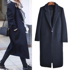 Blue Autumn, Woolen Coat Woman, Long Overcoat, Pockets Fashion, Long Coat Women, Plus Size Outerwear, Plus Size Coats, Trench Jacket, Wool Blend Coat