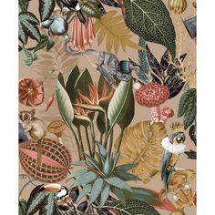 a wallpaper with birds, flowers and leaves