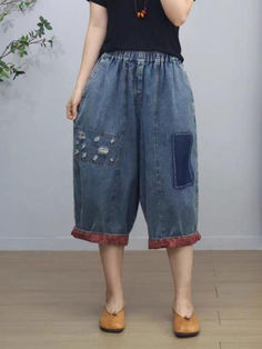 Style:	Street Material:	Denim Pattern:	Solid Color Length:	Cropped Pants/Skirts Decoration:	Embroidery Closure Type:	Elastic Silhouette:	Loose Gender:	Female Season:	Summer  #pants #embroidery #jeans #croppedjeans Bohemian Cotton Jeans For Summer, Bohemian Style Cotton Summer Jeans, Bohemian Summer Cotton Jeans, Summer Denim Patchwork Pants, Summer Patchwork Denim Pants, Summer Denim Pants With Patchwork, Bohemian Baggy Jeans For Summer, Casual Embroidered Jeans For Summer, Summer Patchwork Denim Blue Jeans