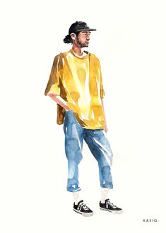 a painting of a man in yellow shirt and blue jeans with black hat on his head