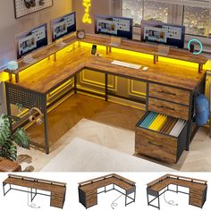 the computer desk is made out of wood and has three monitors on each side with yellow lighting