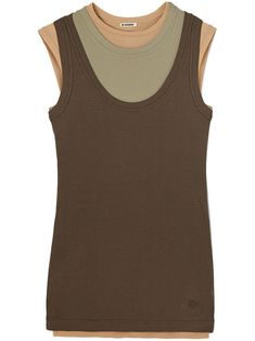 brown/khaki/light brown cotton layered design crew neck sleeveless embroidered logo to the front racerback straight hem Nice Clothes, Pleat Top, Layered Design, Cotton Tank Top, Suit Accessories, Cute Fits, Embroidered Top, Cami Tanks, Dolce & Gabbana