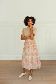 Statement Skirt, Bohemian Fall, Feminine Details, Neutral Shades, Simple Top, Floral Midi Skirt, Mock Neck Top, Layered Tops, Low Iron