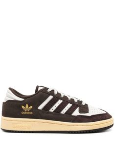 brown/white calf suede panelled design perforated toebox signature 3-Stripes logo logo patch at the tongue logo stamp at side contrasting heel counter front lace-up fastening round toe branded insole vulcanised-rubber sole Sporty Brown Sneakers With Laces, Brown Sporty Sneakers With Laces, Brown Lace-up Sneakers With Vented Sides, Brown Adidas Sneakers With Logo, Brown Sneakers Farfetch, Balenciaga Speed, Reebok Club C, Aviator Watch, Brown Sneakers