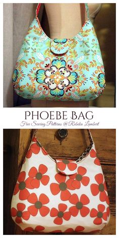 two purses with different designs on them, one is blue and the other has red flowers