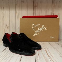 Christian Louboutin Dandy Chick Loafer In Black. Sz 40 (Please Know Sizing For Brand And Style When Considering). A Slender Silhouette With Notches At The Topline Brings Urbane Sophistication To A Timeless Loafer Crafted Of A Light-Catching Fabric With A Signature Red Sole. New Unworn And In Box. Luxury Evening Loafers With Rubber Sole, Luxury Slip-on Loafers With Red Sole, Luxury Slip-on Dress Shoes For Evening, Party Dress Shoes With Red Sole And Almond Toe, Luxury Party Loafers With Leather Sole, Luxury Dress Shoes With Rubber Sole For Party, Luxury Party Dress Shoes With Rubber Sole, Luxury Round Toe Loafers For Evening, Elegant Loafers With Red Sole And Flat Heel