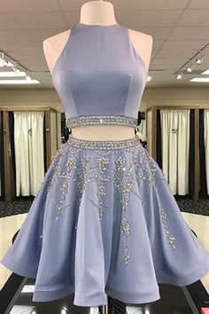 WD0637,A-Line Two Piece Jewel Sleeveless Short Beaded Homecoming Dress on Storenvy Grey Two Piece, Satin Homecoming Dress, Two Piece Homecoming Dress, Prom Dresses Two Piece, Short Party Dress, Dress Homecoming, Satin Short, Short Homecoming Dress, Dress Chiffon