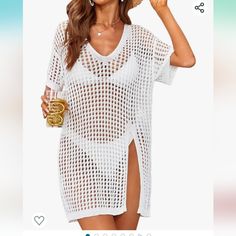 Attraco Women's Short Sleeve Crochet Top Side Split Hollow Out Mesh Bathing Suit Cover Ups Dress Swimwear Color: White Size : Xl V-neck Hollow Out Tops For Vacation, Crochet Wrap Top, Sleeve Crochet Top, Mesh Bathing Suit, Crochet Blanket Tutorial, Dress Swimwear, Mesh Cover Up, Sleeve Crochet, Bathing Suit Cover