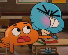 an orange and blue cartoon character in a classroom