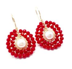 Beautiful and cute Earrings romantic and very feminine Red & Pink And gold jewelry Crystal stones. Perfect for weddings and special occasions. These Pearl and crystal stone earrings are spectacularly adorable, they are uniquely elaborated strictly with high quality standards, detailed by hand we take the time to make each piece of jewelry with good and delicate finishes for these earrings are used in gold filled and Also, a heartfelt heartbeat that makes the unique touch we recommend these g Red Pearl Drop Earrings, Red Round Pearl Drop Earrings, Red Pearl Drop Round Earrings, Red Dangle Pearl Earrings For Party, Red Pearl Drop Earrings For Party, Red Teardrop Pearl Drop Earrings, Handmade Red Pearl Earrings, Handmade Red Round Pearl Earrings, Red Pearl Drop Jewelry For Anniversary