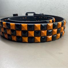 New With Tags Unisex Hot Topic Orange Black Studded Rocker Biker Belt Sizes Small (28-30) Or Medium (32-34). Includes Free Spiked Bracelet. Orange Belt, Black Punks, Goth Accessories, Red Belt, Leather Harness, Scene Outfits, Studded Belt, Silver Lace, Shoes Outfit Fashion