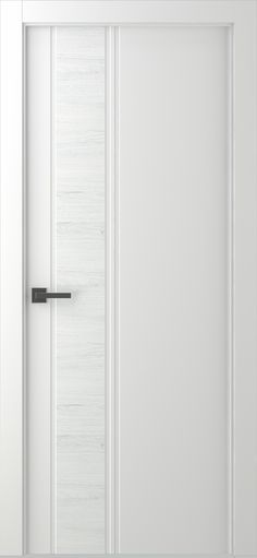 an open white door with black handle on it