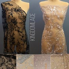 three different views of the back and sides of an evening gown with flowers on it