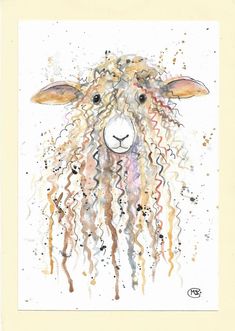 a watercolor painting of a sheep with curly hair