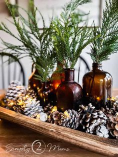 three brown glass vases filled with pine cones and greenery sitting on top of a wooden tray