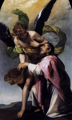 the painting depicts an angel and a man kneeling down with his arm around another person's shoulder