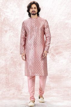 Introducing this this pink color readymade straight cut full sleeved jacquard kurta enhanced by digital print all over. Accompanied by a art silk churidaar in pink color. Floral Frocks, Frock Fashion, Salwar Dress, Kurta Pyjama, Dress Salwar Kameez, Style Guru, Lehenga Collection