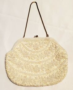 In excellent condition! Vintage Beaded Beige Bags, Vintage White Embellished Bags, Vintage Cream Bags For Vintage Events, Vintage Beige Evening Bag With Pearl Handle, Vintage White Embellished Evening Bag, Formal Beaded Cream Evening Bag, Elegant Cream Bag For Luncheon, Elegant Cream Bags For Luncheon, Formal Cream Beaded Evening Bag