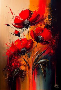 an abstract painting of red flowers on a black background