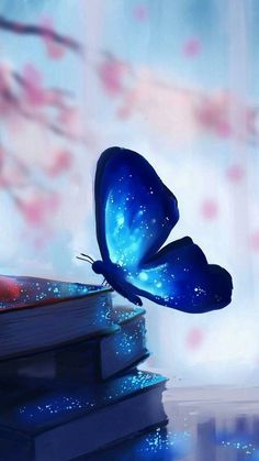 a blue butterfly is flying over some books