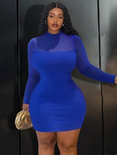 Plus Size Elegant Fitted Solid Blue Mock Neck Sheer Mesh Panel Long Sleeve Short Dress Blue Sexy  Long Sleeve Knitted Fabric Plain Bodycon Medium Stretch  Women Plus Clothing, size features are:Bust: ,Length: ,Sleeve Length: Blue Long Sleeve Mini Dress For Club, Blue Long Sleeve Club Mini Dress, Blue Sheer Mini Dress, Blue Long Sleeve Bodycon Dress For Night Out, Sheer Blue Mini Dress For Night Out, Blue Sheer Mini Dress For Night Out, Blue Stretch Long Sleeve Mini Dress, Blue Bodycon Dress For Winter Night Out, Winter Blue Bodycon Dress For Night Out